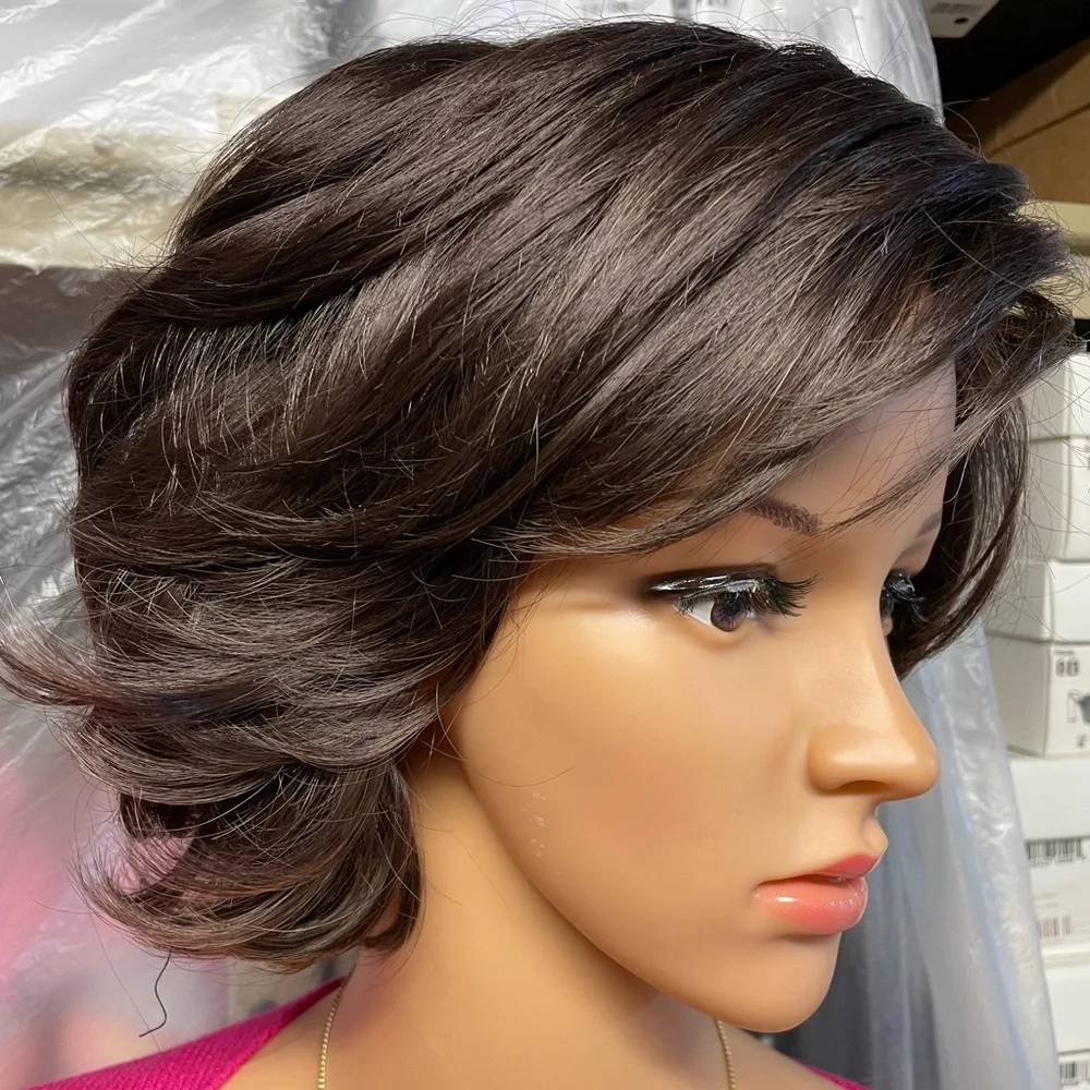 NWT dark brown wig deep side part medium brunette wavy natural real short hair